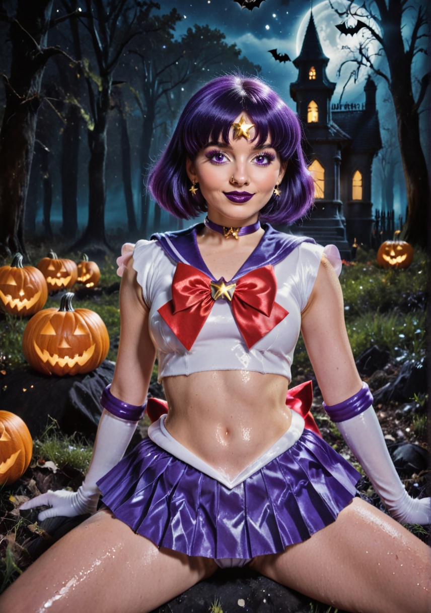 shiny wet-look latex outfit,  A stunning shot of a Sailor Saturn with shiny purple hair and bangs. Purple eyes,  black lip...