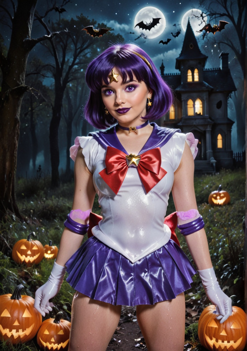 shiny wet-look latex outfit,  A stunning shot of a Sailor Saturn with shiny purple hair and bangs. Purple eyes,  black lip...