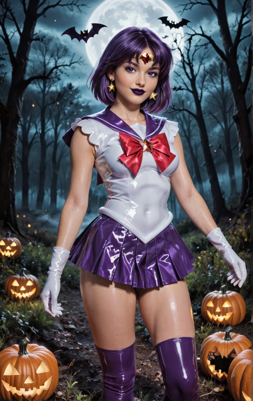 shiny wet-look latex outfit,  A stunning shot of a Sailor Saturn walking with shiny purple hair and bangs. Purple eyes,  b...