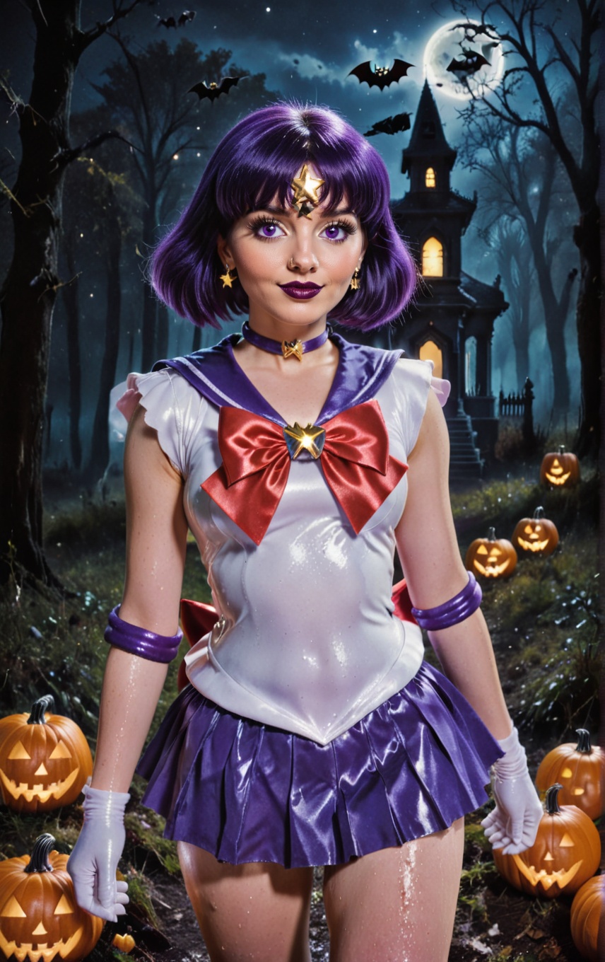 shiny wet-look latex outfit,  A stunning shot of a Sailor Saturn walking with shiny purple hair and bangs. Purple eyes,  b...