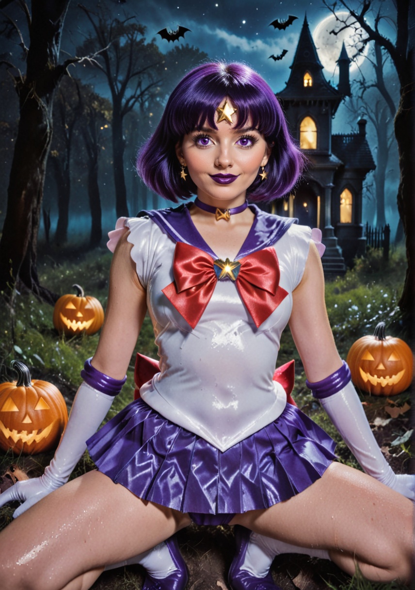 shiny wet-look latex outfit,  A stunning shot of a Sailor Saturn with shiny purple hair and bangs. Purple eyes,  black lip...