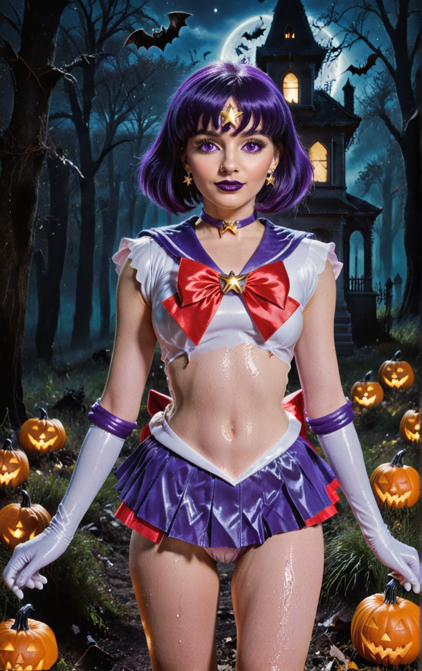 shiny wet-look latex outfit,  A stunning shot of a Sailor Saturn walking with shiny purple hair and bangs. Purple eyes,  b...