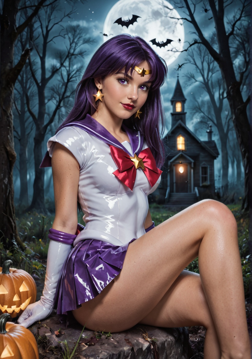 shiny wet-look latex outfit,  A stunning shot of a Sailor Saturn walking with shiny purple hair and bangs. Purple eyes,  b...