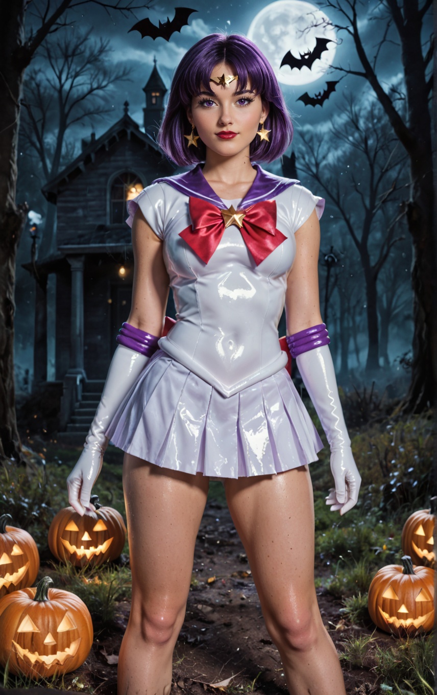 shiny wet-look latex outfit,  A stunning shot of a Sailor Saturn walking with shiny purple hair and bangs. Purple eyes,  b...