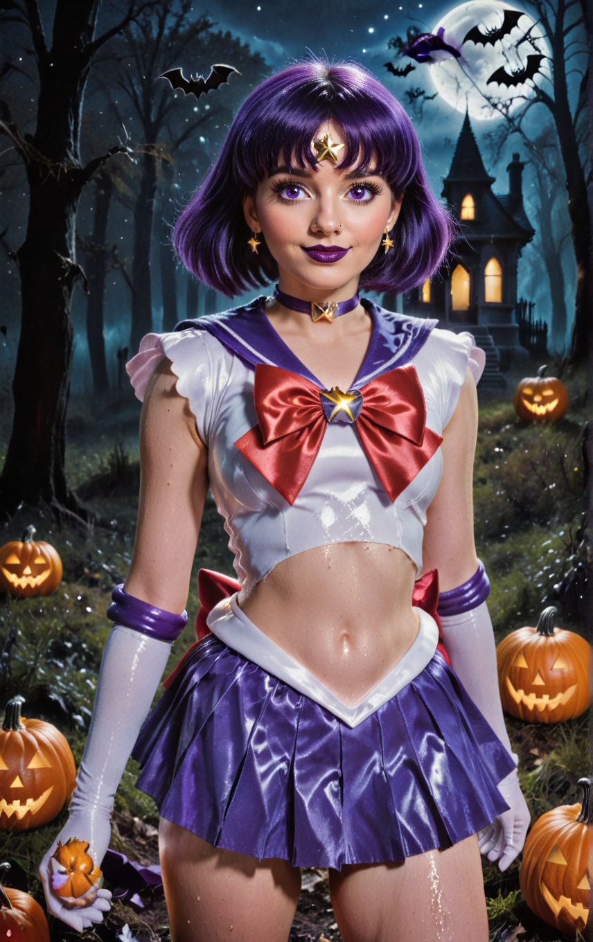 shiny wet-look latex outfit,  A stunning shot of a Sailor Saturn walking with shiny purple hair and bangs. Purple eyes,  b...