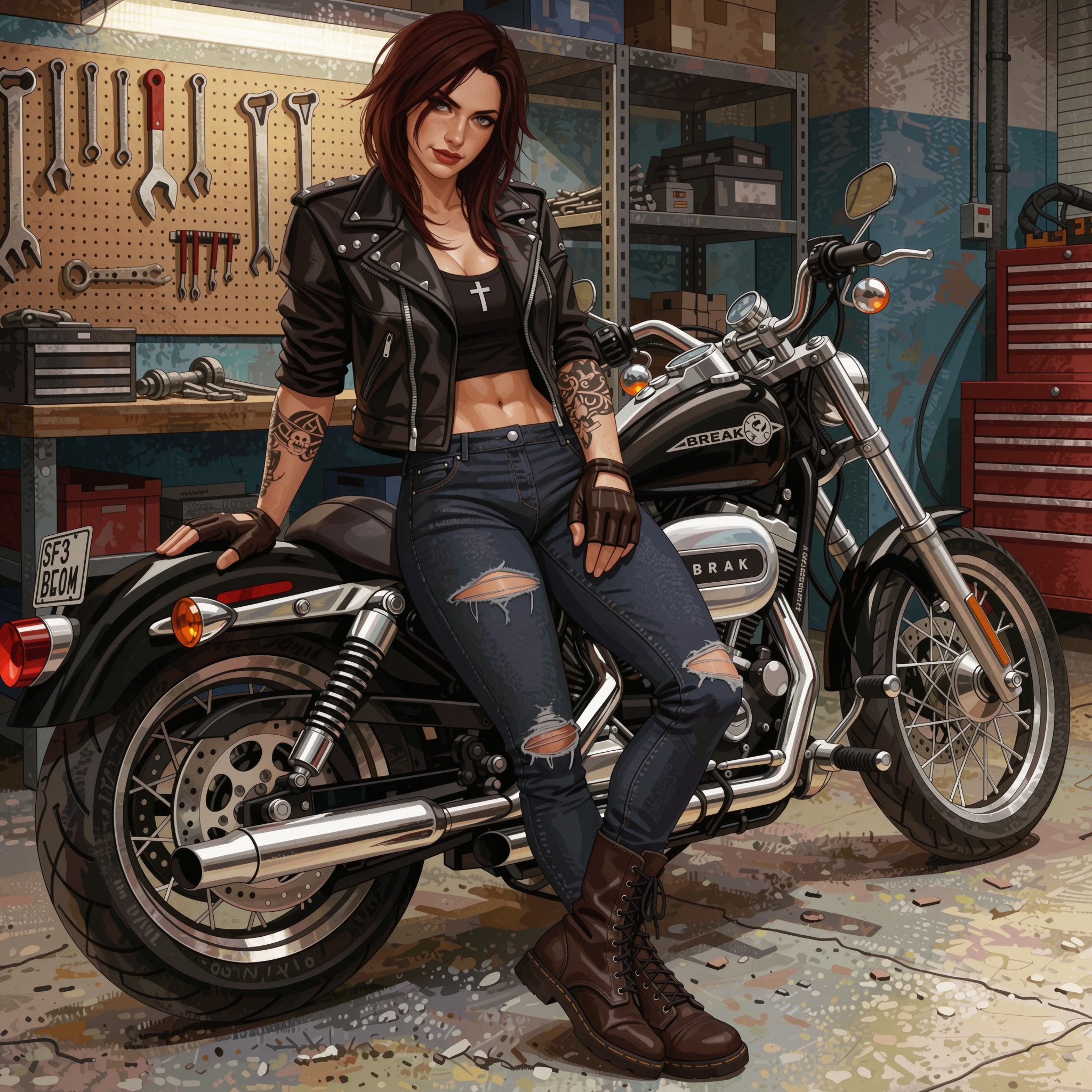 Vv.LXVIII - Purge,  cowboy-shot,  she is wearing a Catholic Cross on Tensor.Art