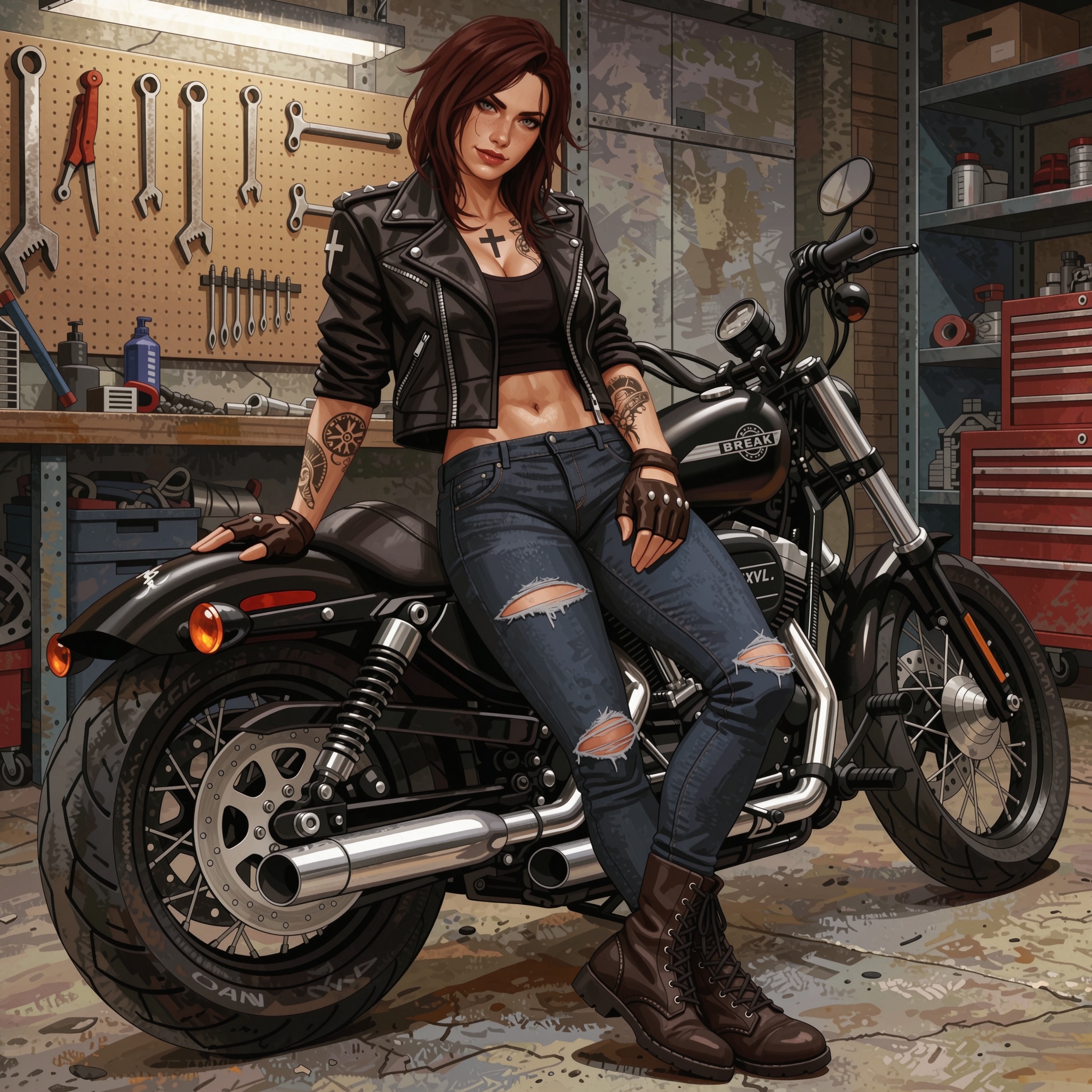Vv.LXVIII - Purge,  cowboy-shot,  she is wearing a Catholic Cross on Tensor.Art