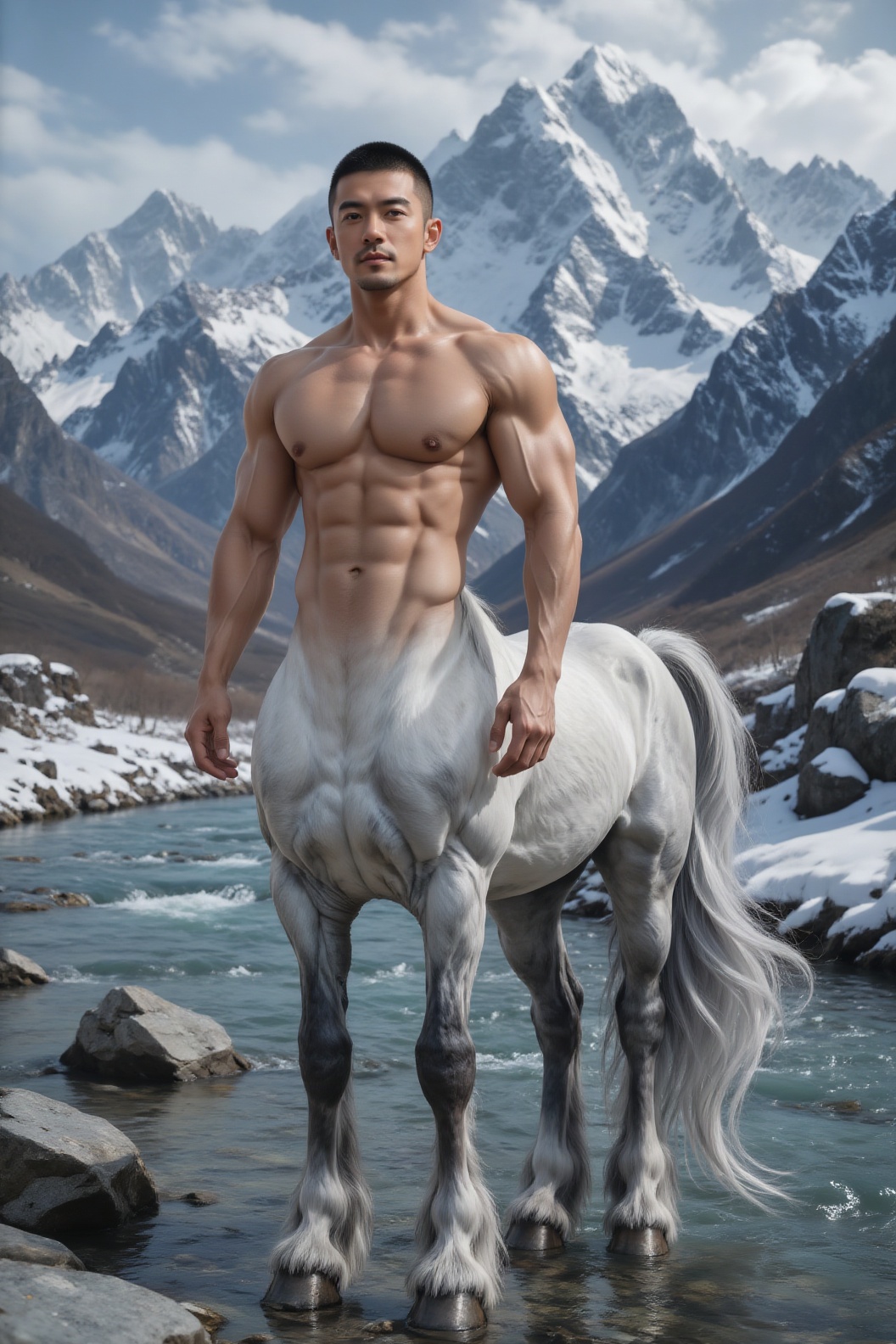 亚洲成年男性人马,  短寸黑发,  躯干肌肉厚实健硕 by 一起旅行 on Tensor.Art