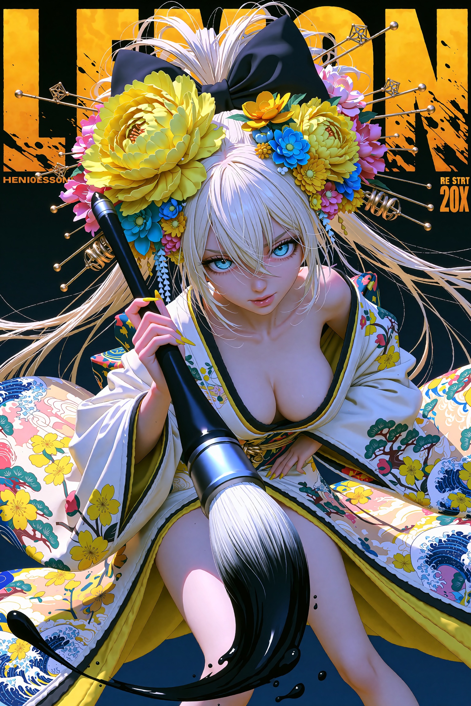 Top-down dynamic anime aesthetic portrait of woman in an elaborate traditional Japanese outfit,  gripping a giant calligra...