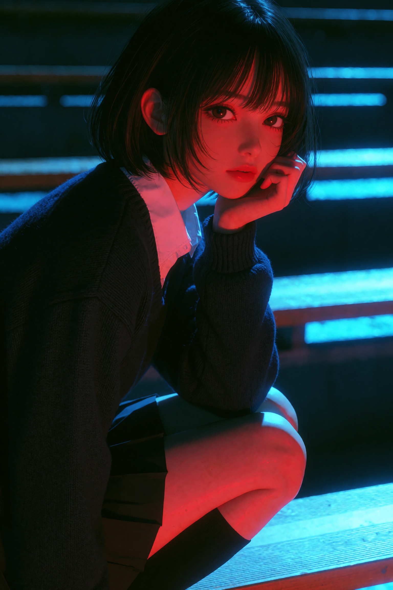 A young woman with a dark bob crouches on slatted bleachers,  glancing over her shoulder,  resting her chin on her hand. S...