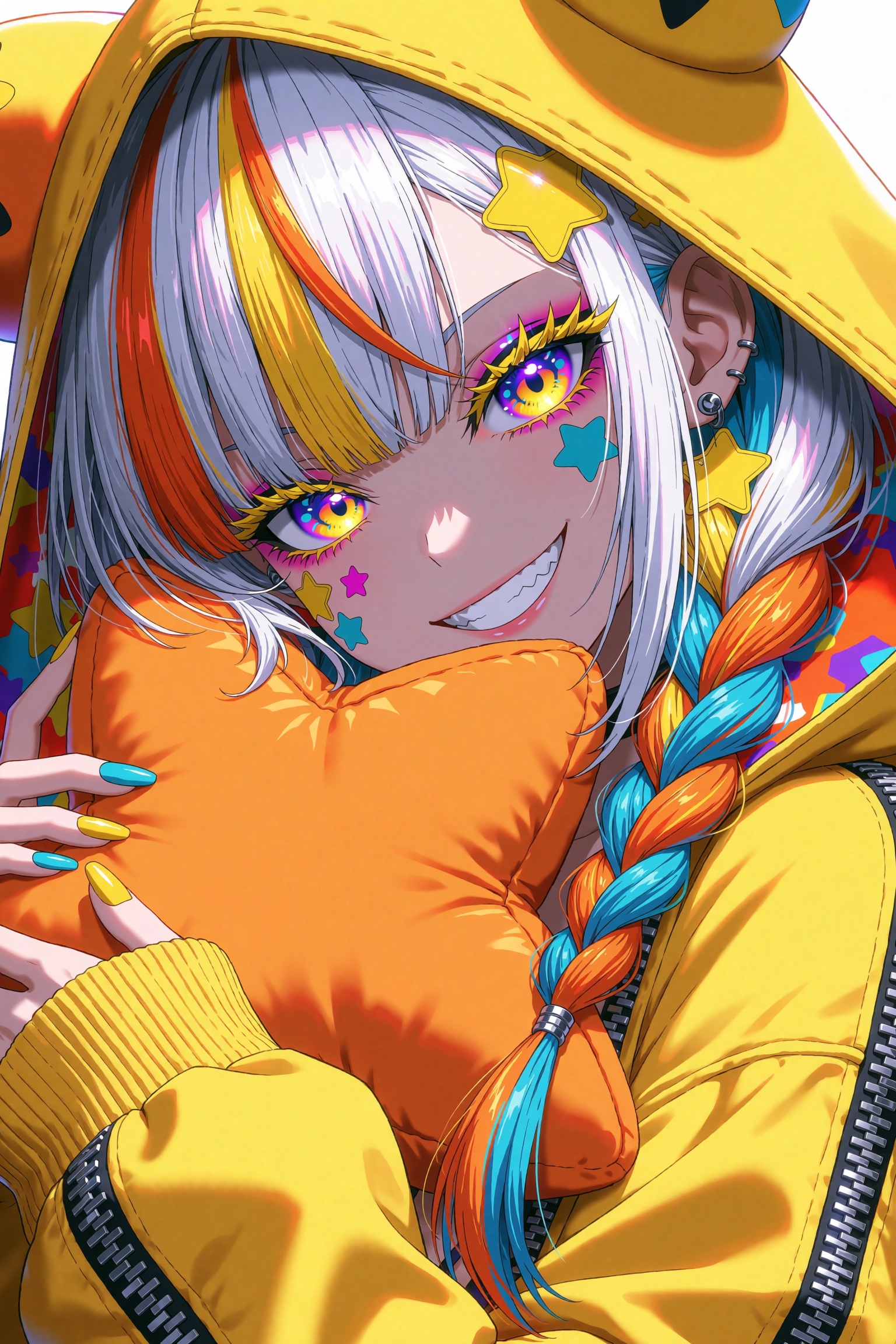 Close-up portrait of a stylish anime girl with a mischievous grin and sharp teeth,  wearing a bright yellow hoodie with th...