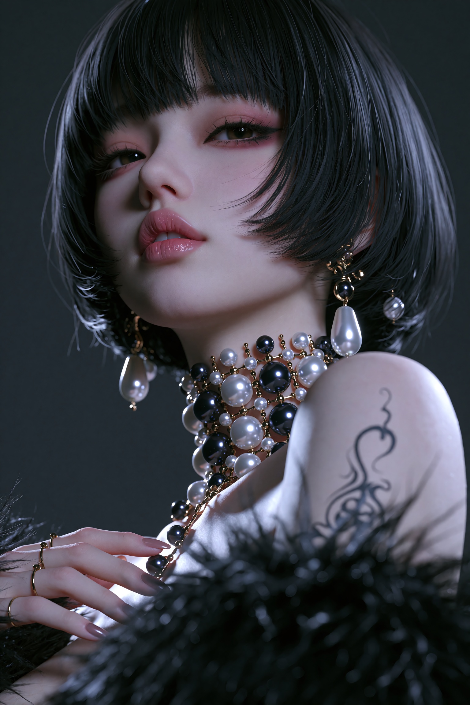 A close-up fashion portrait of a young woman with a sharp black hime cut and striking pearl jewelry against a dark gray gr...