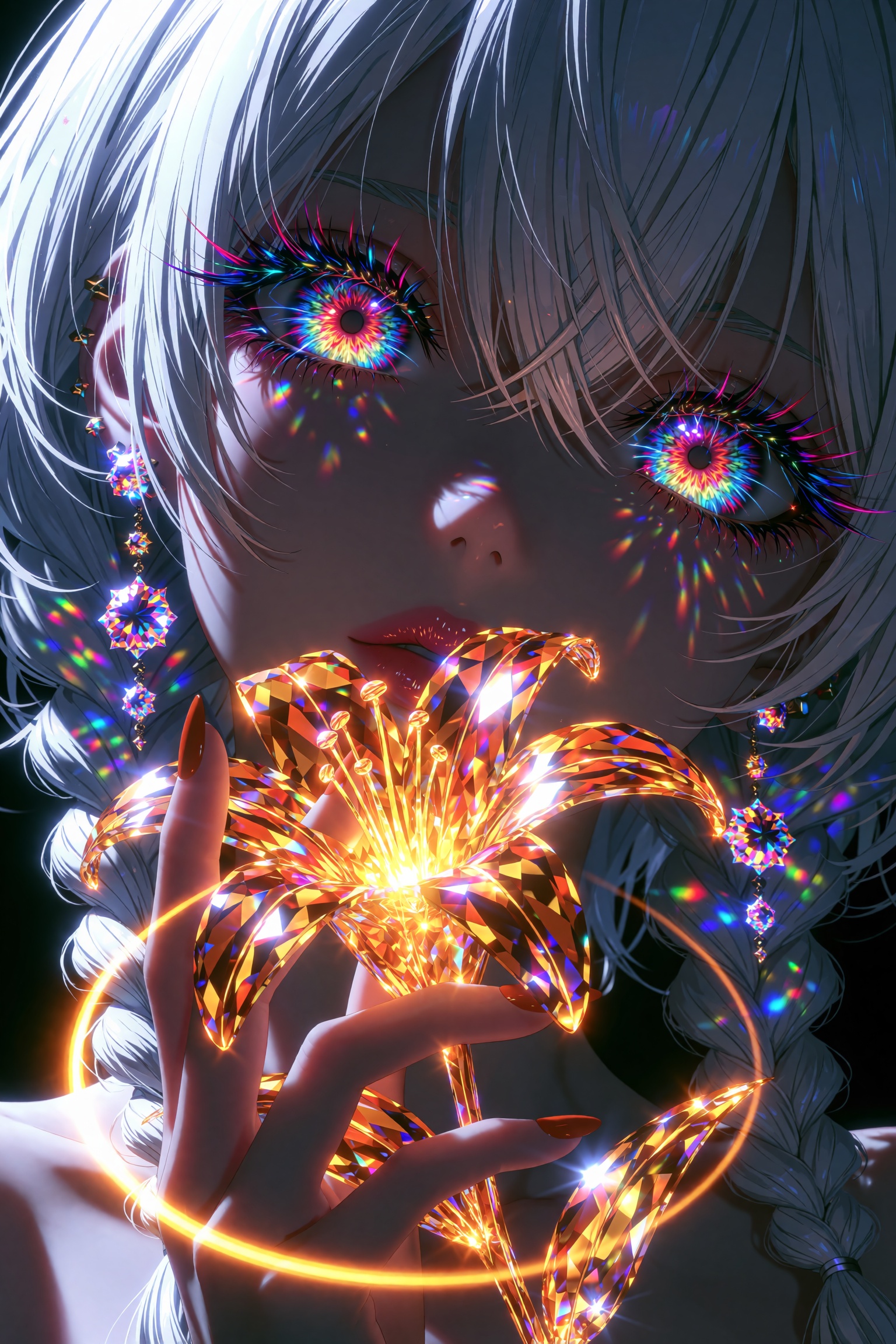 An extreme close-up anime portrait of a mysterious girl with short silver-white hair and side braids,  her face cast in de...