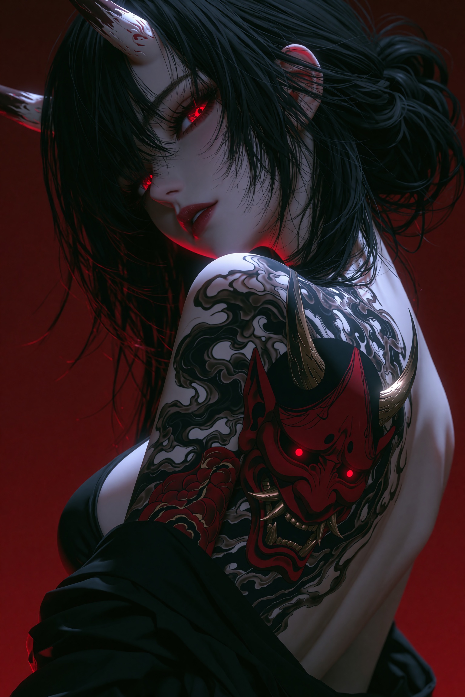 A dark fantasy digital painting of a slender,  ethereal figure with pale porcelain skin looking back over their bare shoul...