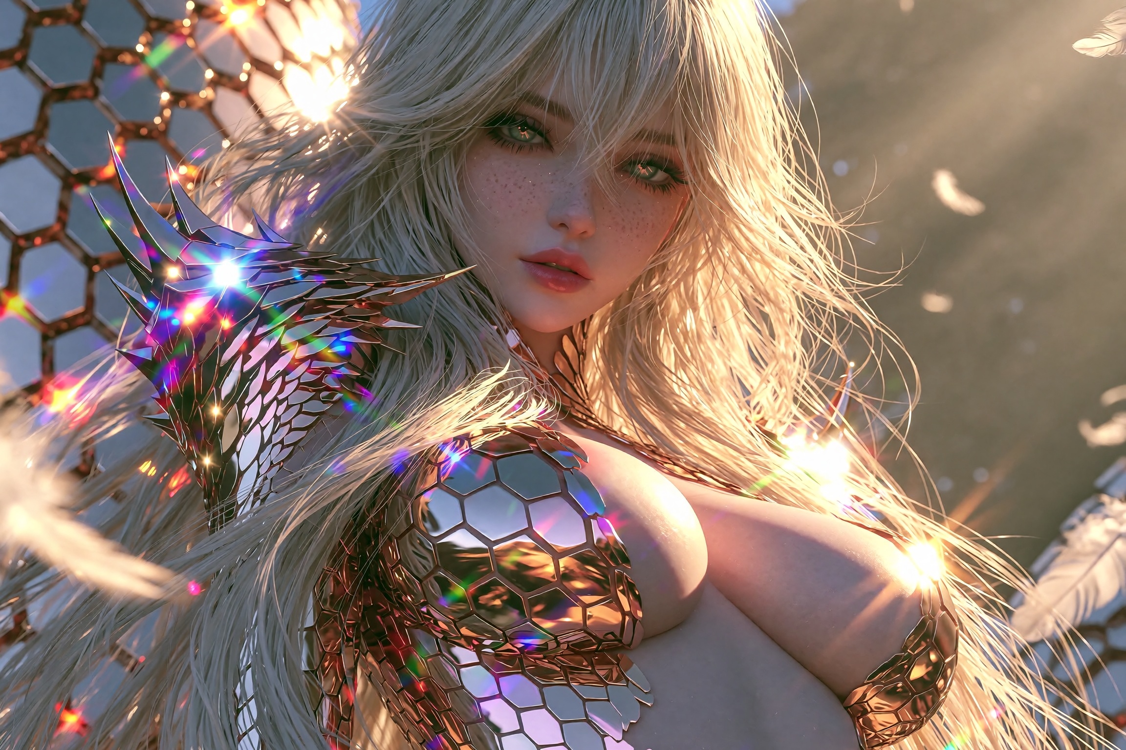 A breathtaking photorealistic portrait of an ethereal warrior goddess with long flowing platinum-blonde hair catching gold...