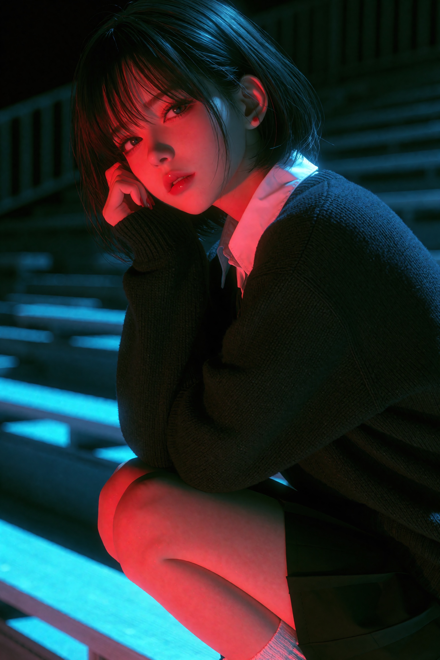 A young woman with a dark bob crouches on slatted bleachers,  glancing over her shoulder,  resting her chin on her hand. S...