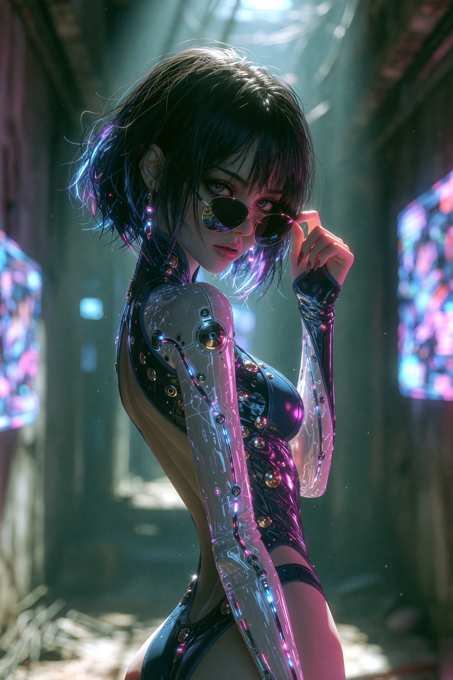 A cinematic portrait of a stunning cyberpunk woman standing in a narrow,  chinease girl,  skinny on Tensor.Art