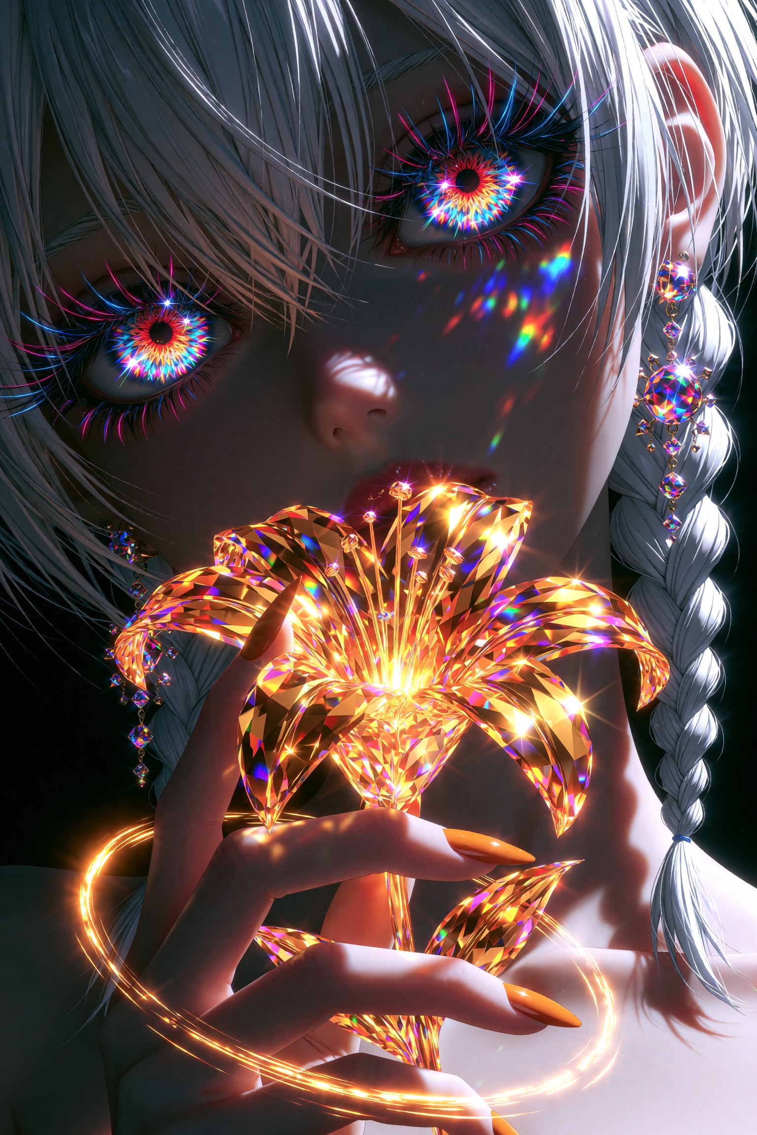 An extreme close-up anime portrait of a mysterious girl with short silver-white hair and side braids,  her face cast in de...