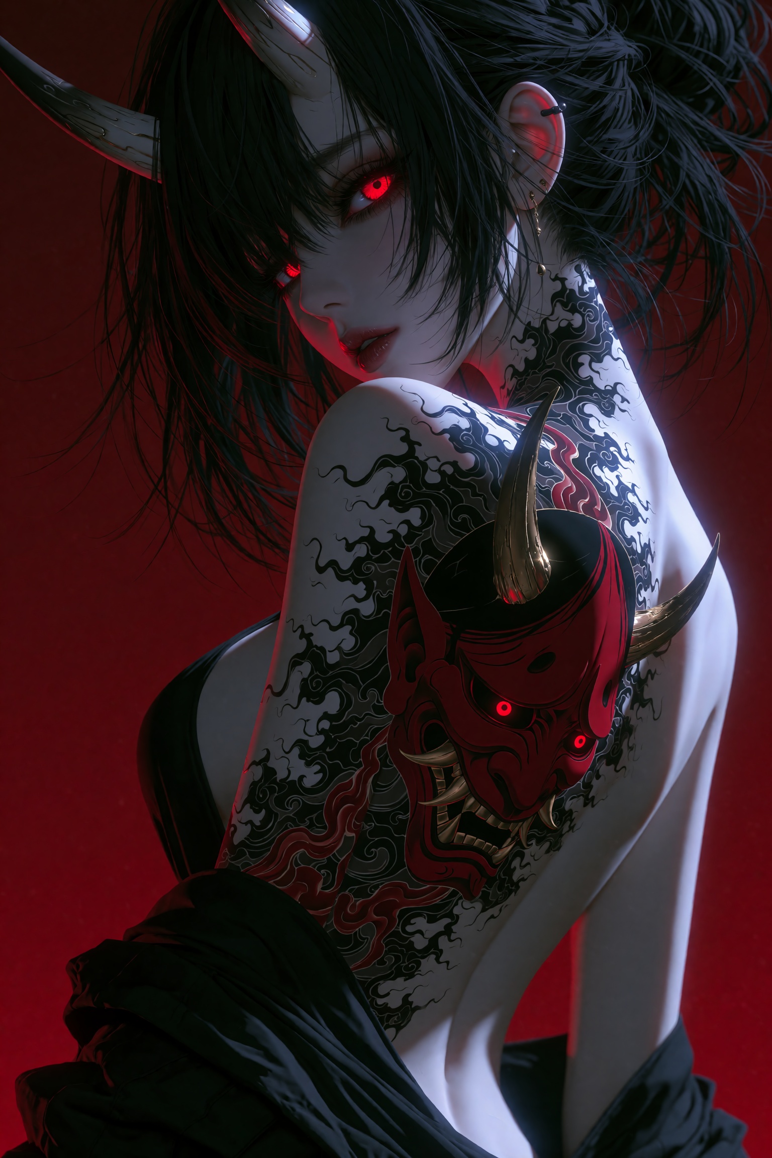 A dark fantasy digital painting of a slender,  ethereal figure with pale porcelain skin looking back over their bare shoul...