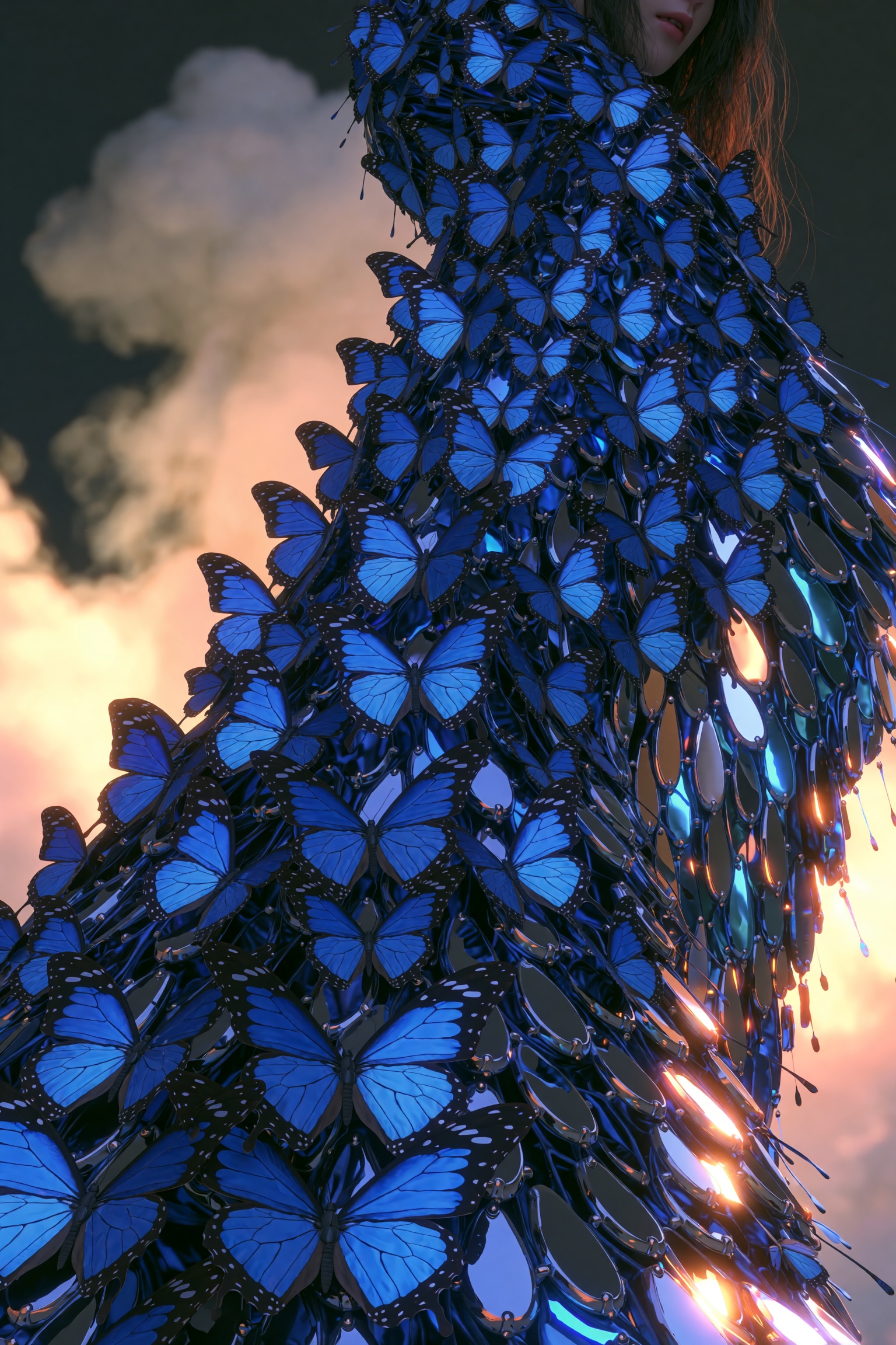 A medium shot of a figure draped in a flowing cloak made entirely of thousands of shimmering,  iridescent vibrant blue but...