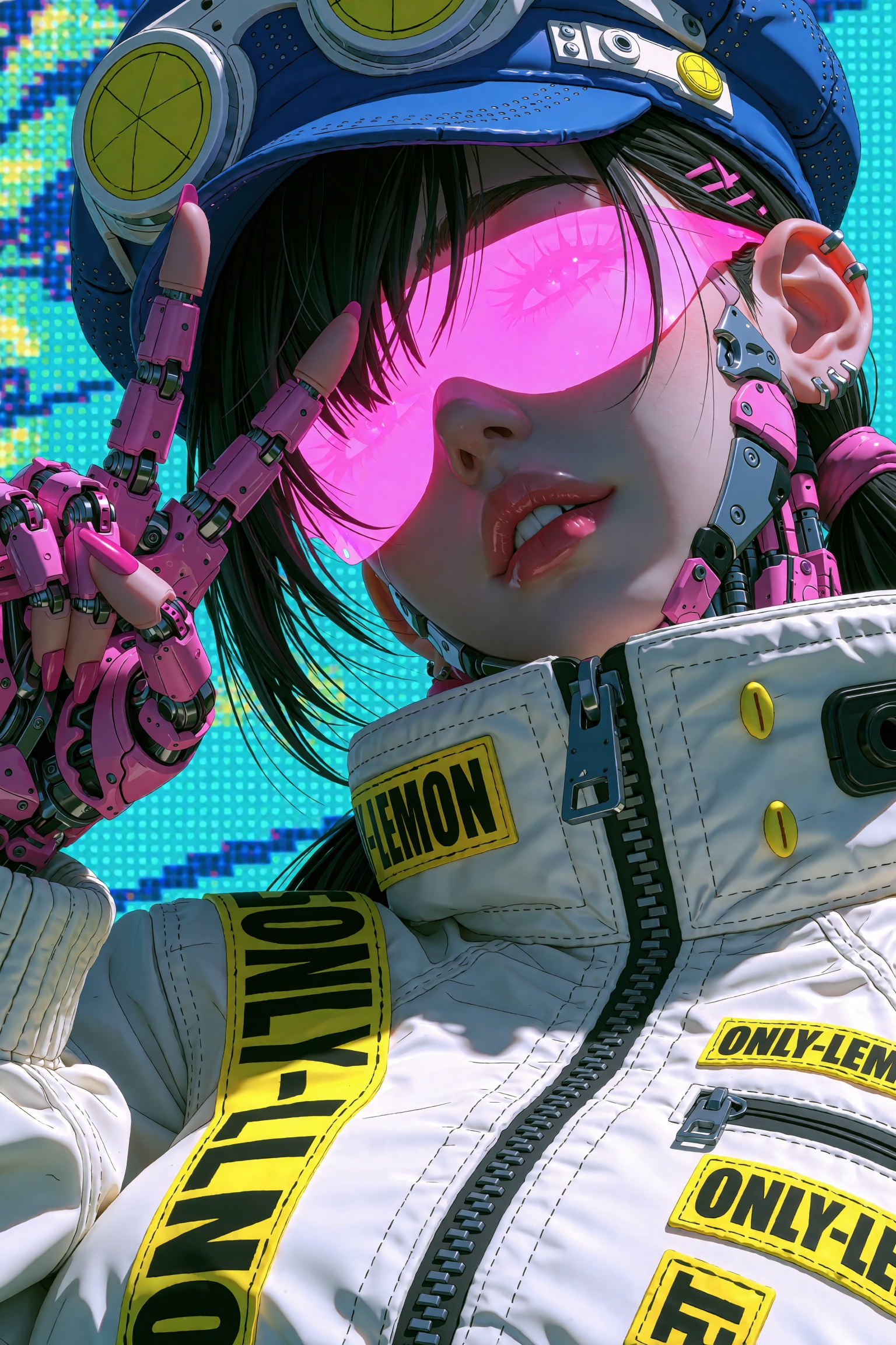 A retro portrait of a cool cyborg posing with a peace sign over their glowing pink visor. The character wears a retro blue...