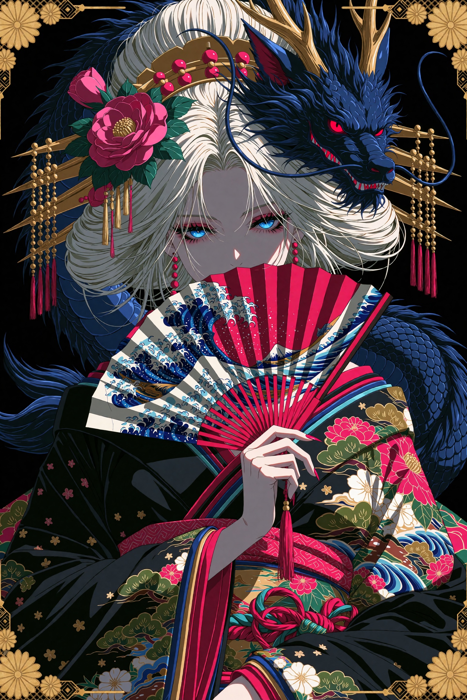 A stunning anime portrait of an ethereal Japanese noblewoman in ornate traditional attire,  her face partially hidden behi...