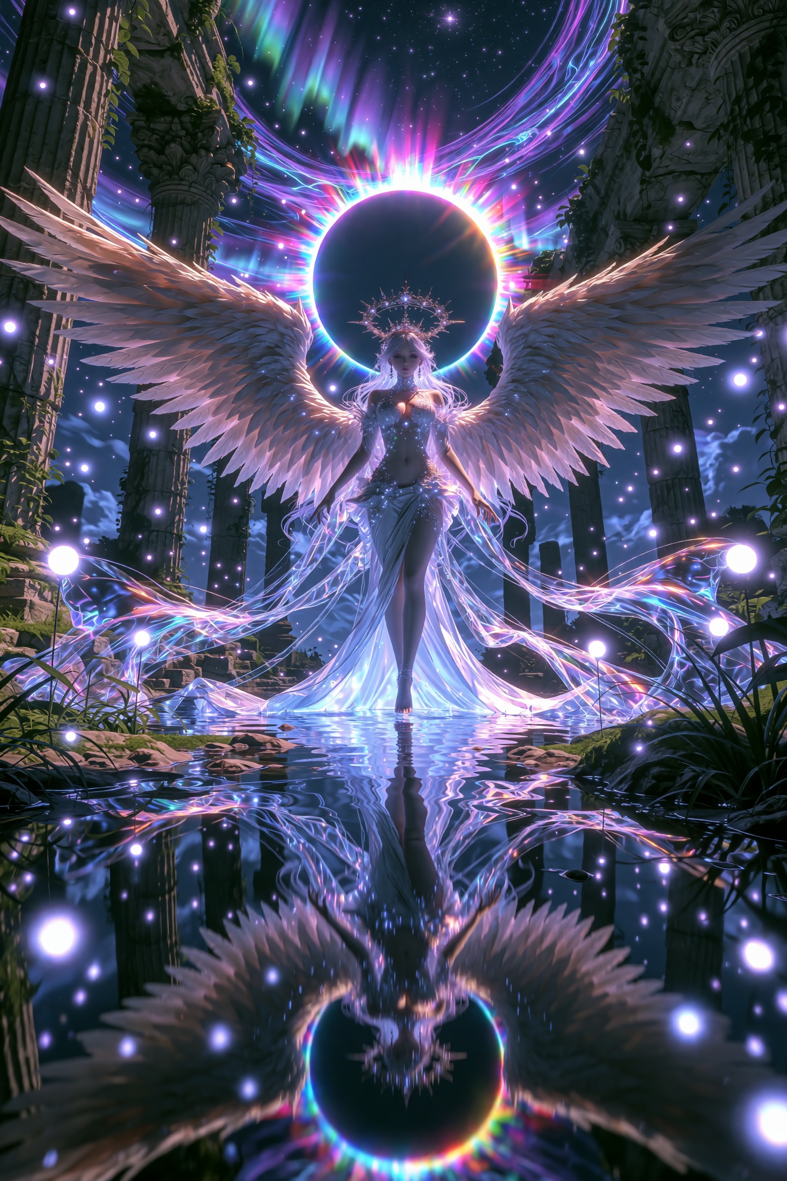 Cinematic wide shot of a luminous celestial goddess standing in a shallow reflective pool inside ancient overgrown ruins,...