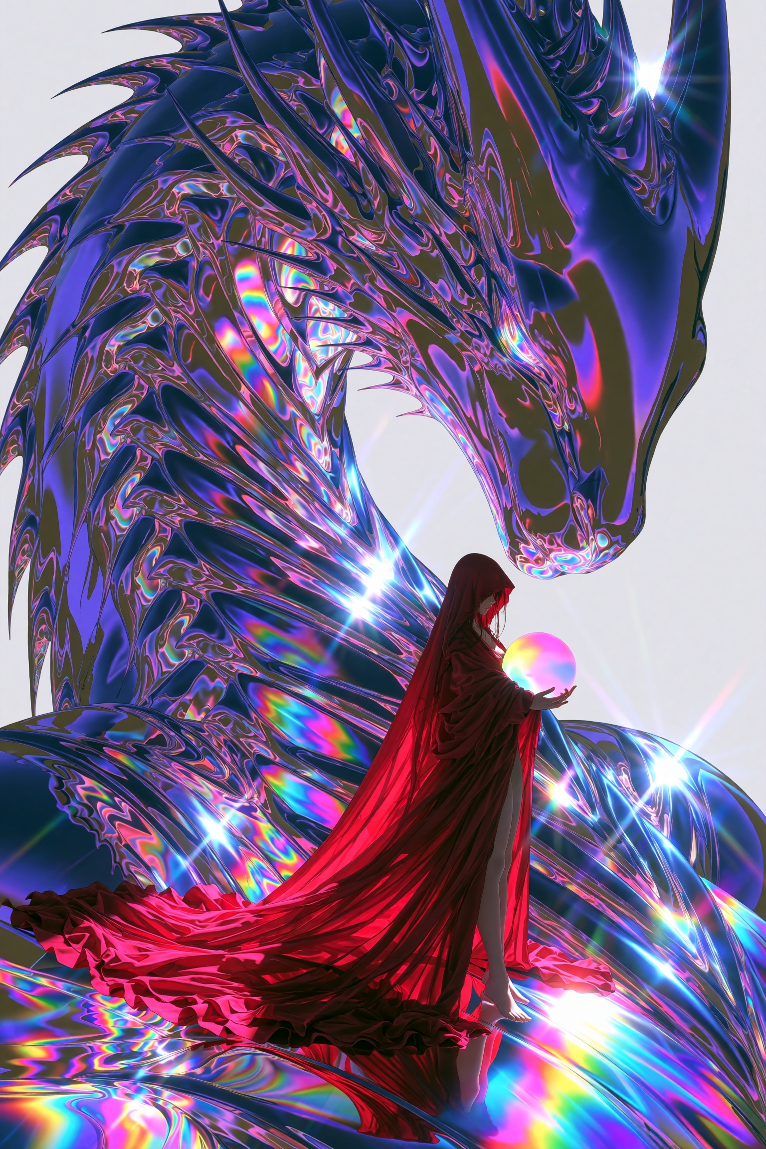A transcendent psychedelic anime tableau — a lone wanderer cloaked in flowing crimson silk stands before a colossal dragon...