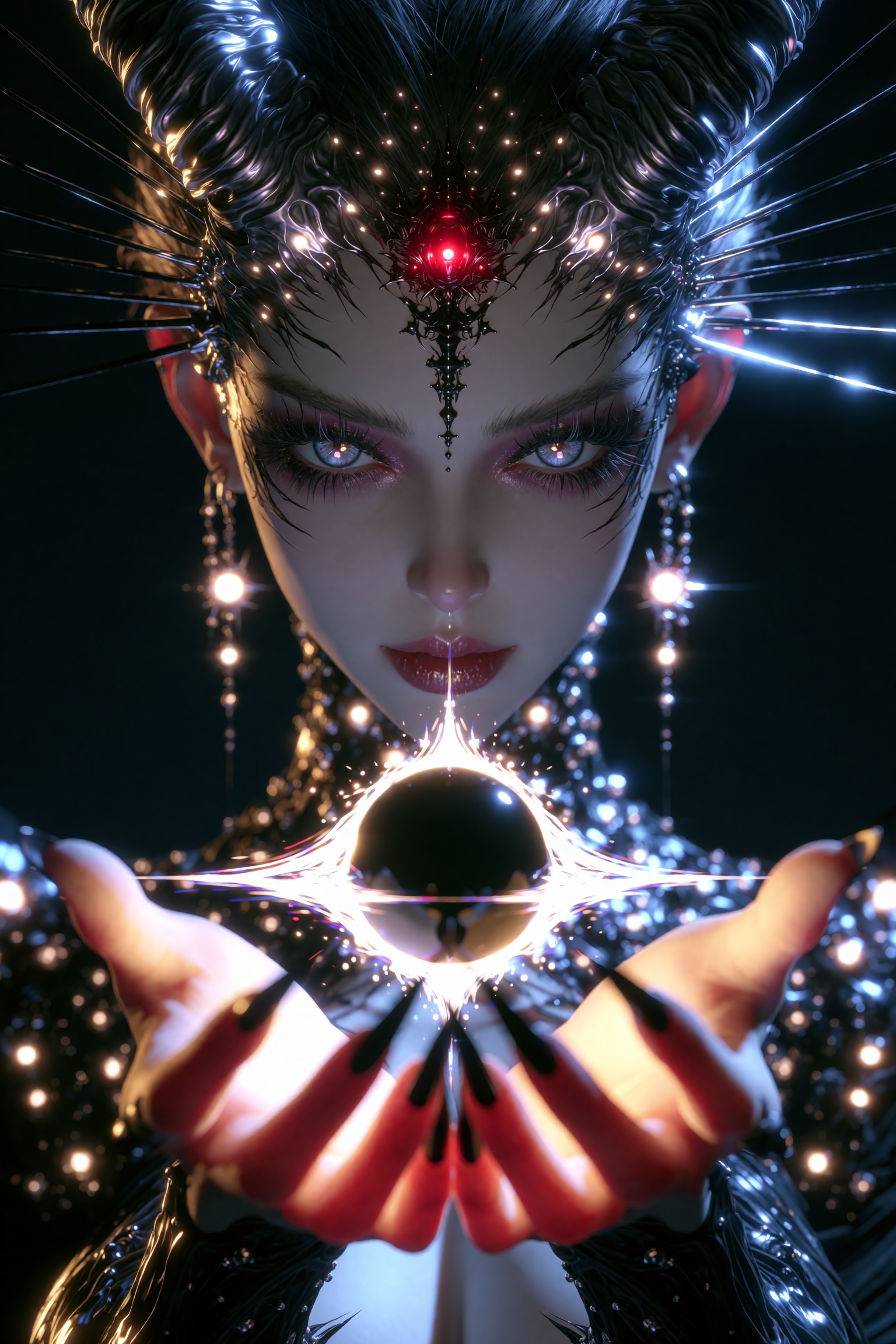 A hyper-realistic,  cinematic close-up portrait of an ethereal dark fantasy sorceress queen with pale,  luminous skin and...