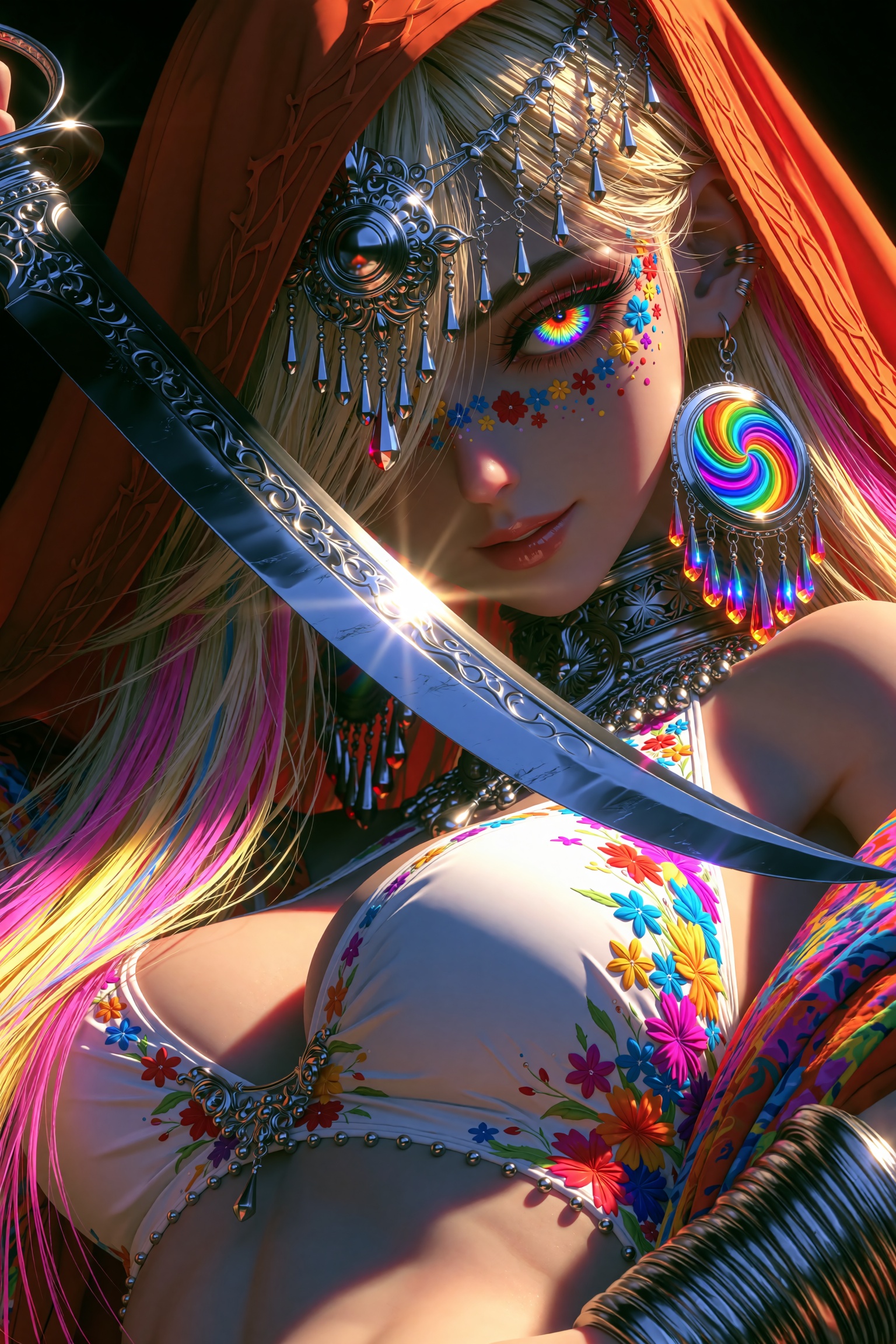 A mesmerizing close-up anime portrait of a mysterious desert warrior girl with a subtle,  knowing smile and a dangerous gl...