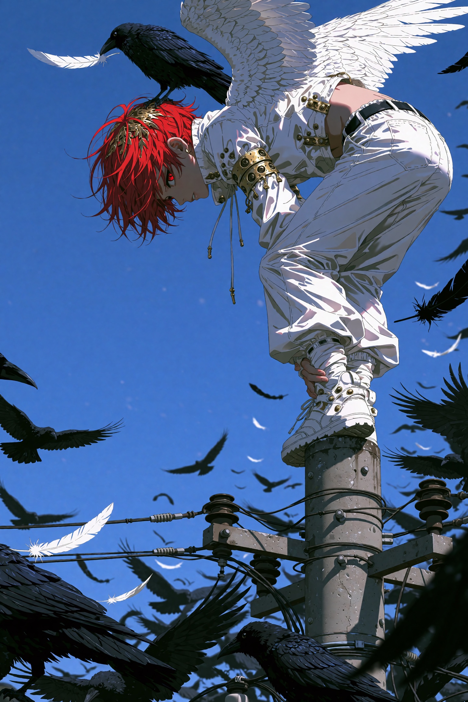 A low-angle close-up semi-realistic illustration of a crimson red and gold winged youth standing precariously atop a concr...