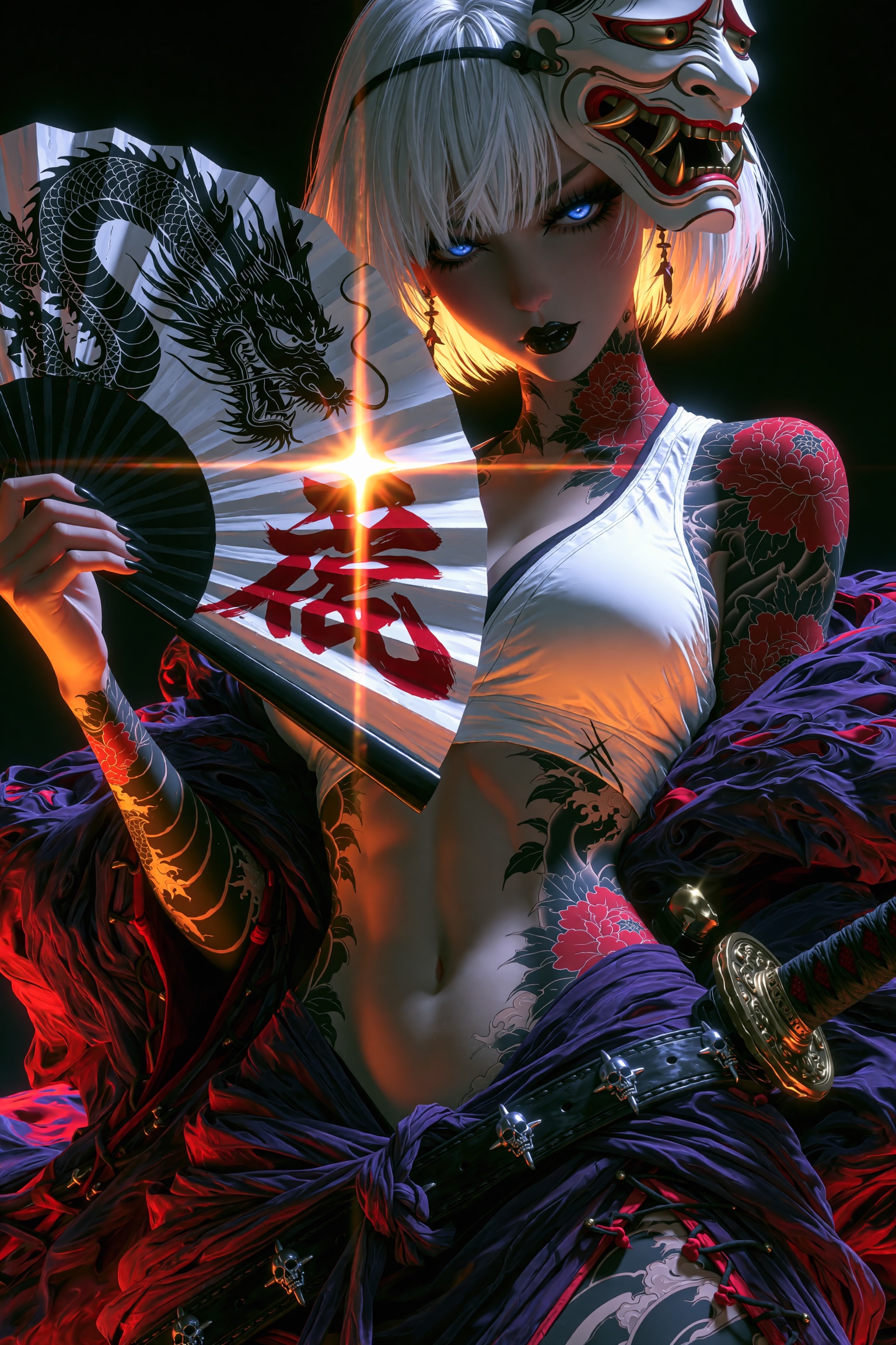 Dark fantasy oil painting of an ominous fierce young woman with a short blunt-cut white bob,  her face mostly concealed in...