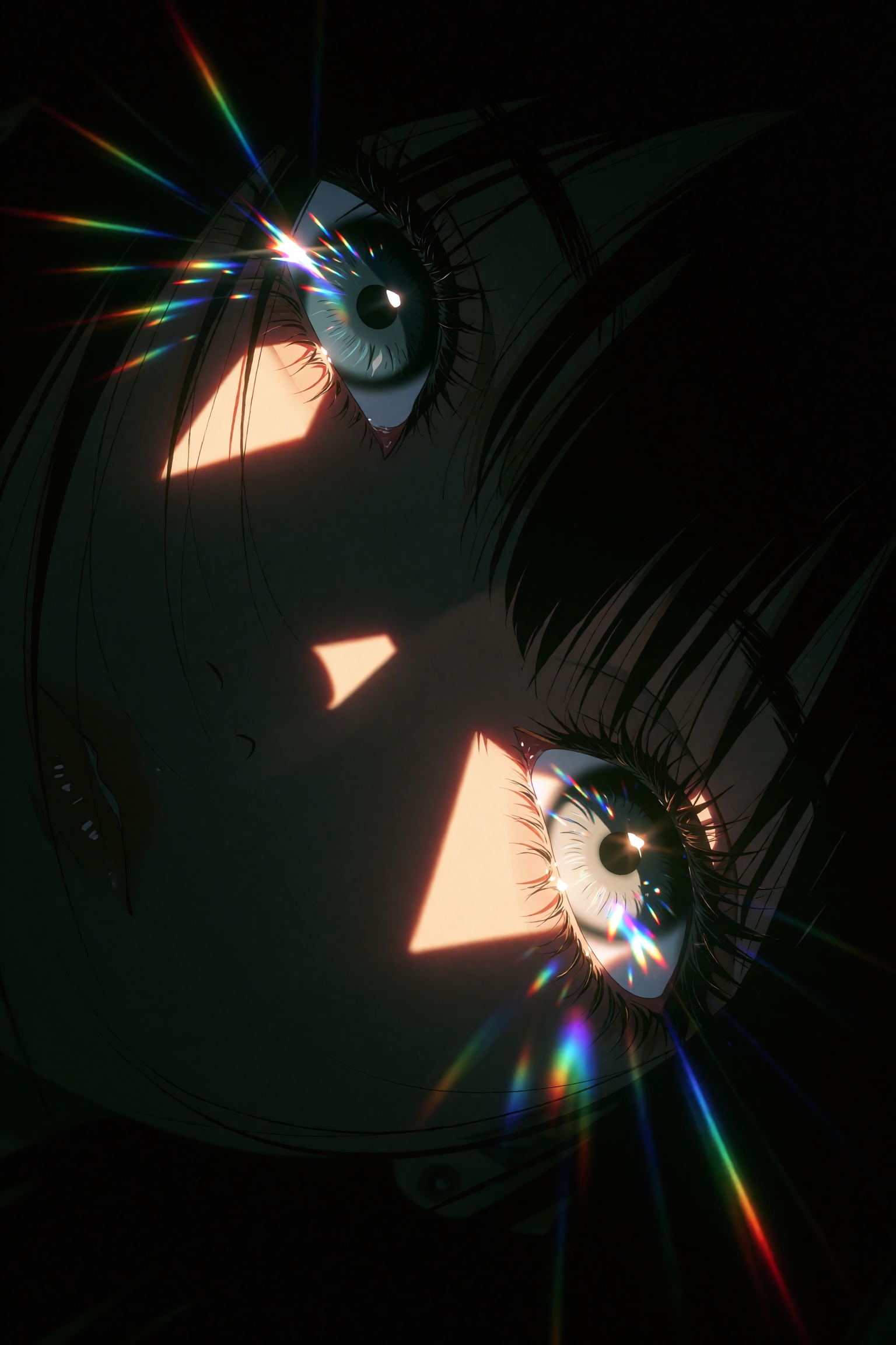 A hauntingly minimalist anime composition of two luminous eyes emerging from absolute pitch-black darkness,  positioned di...