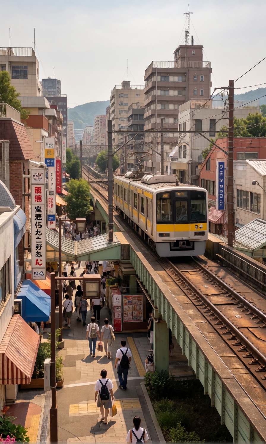 Real-life photograph of an elevated urban train line running through a Japanese town. A white and yellow passenger train i...