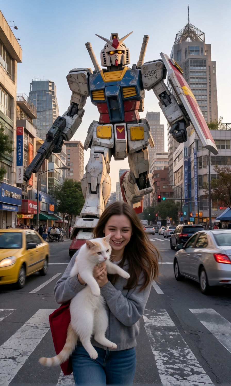 a woman captured in close-up half-body saving a white cat and running towards the viewer,  A weathered giant gundam in the...