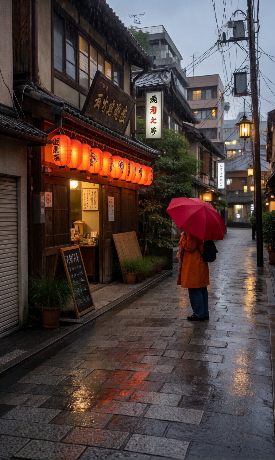 Real-life photograph of a rainy evening in a narrow Japanese alley. A person with a red umbrella and an orange coat stands...