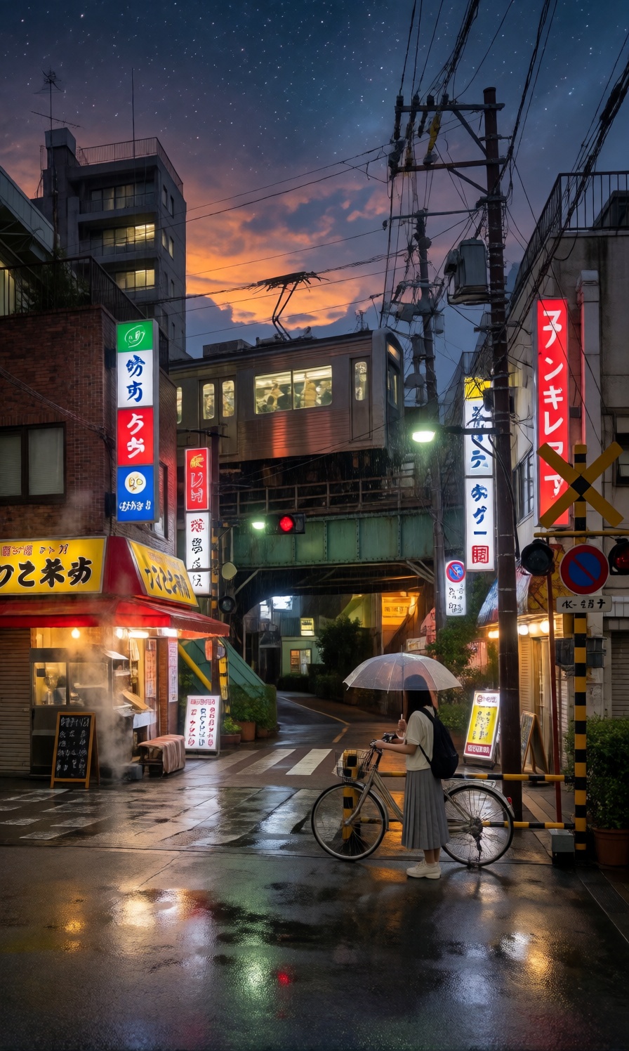 Real-life photograph of an elevated train passing over a vibrant,  rainy shopping alley in Japan at twilight. A girl with...