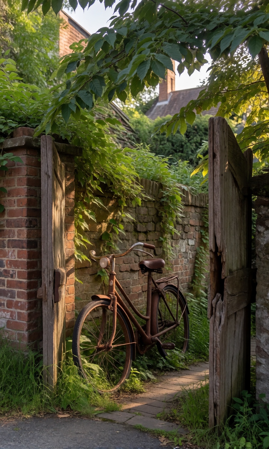 A rusted bicycle leaning against a brick wall,  partially covered in ivy,  framed through a cracked wooden gate as dappled...