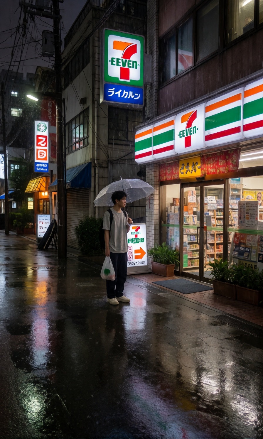 Real-life photograph of a rainy night in a Japanese city. A young man stands under a clear umbrella next to a brightly ill...