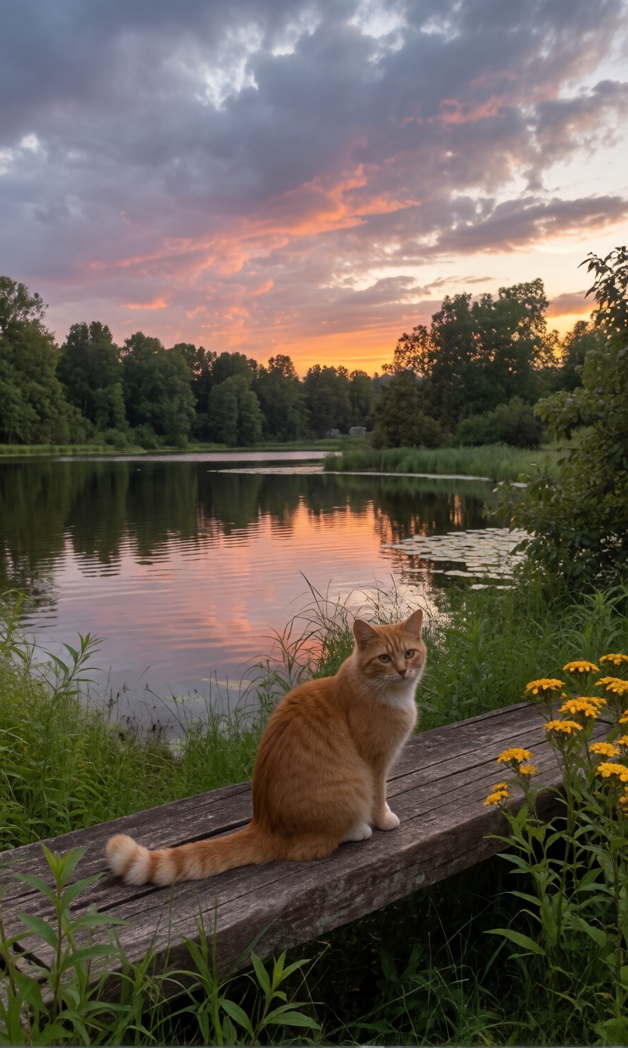 cat,  lake,  flowers on Tensor.Art