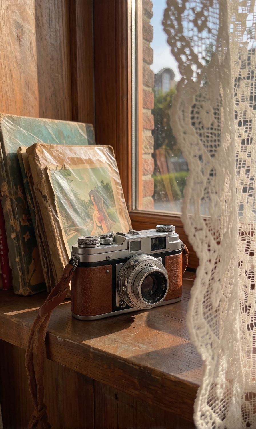 A vintage camera with cracked leather casing sits on a shelf beside dusty photo albums,  captured from behind a lace curta...