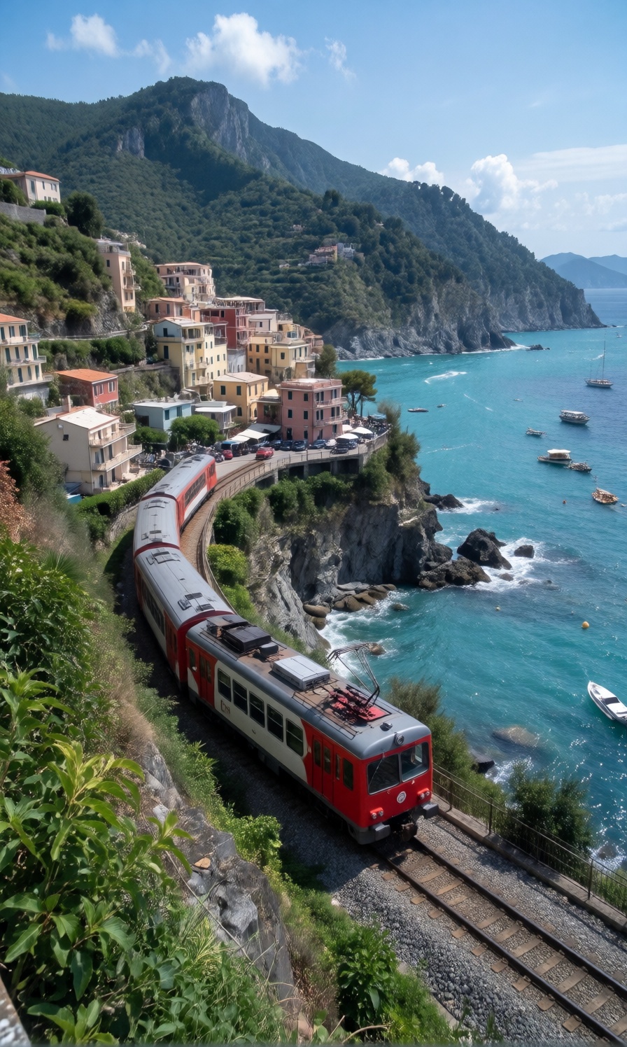 A beautiful red and gray passenger train winds along tracks laid precariously on a cliffside overlooking a vibrant turquoi...