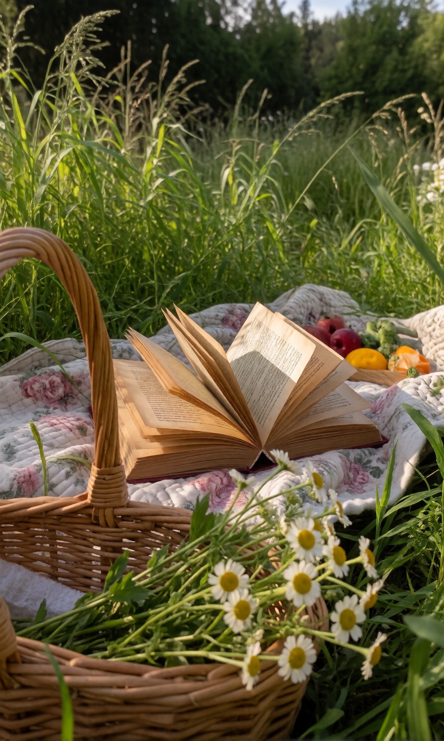 An open book with yellowed pages fluttering in the breeze,  placed on a picnic blanket,  framed from behind a basket and w...