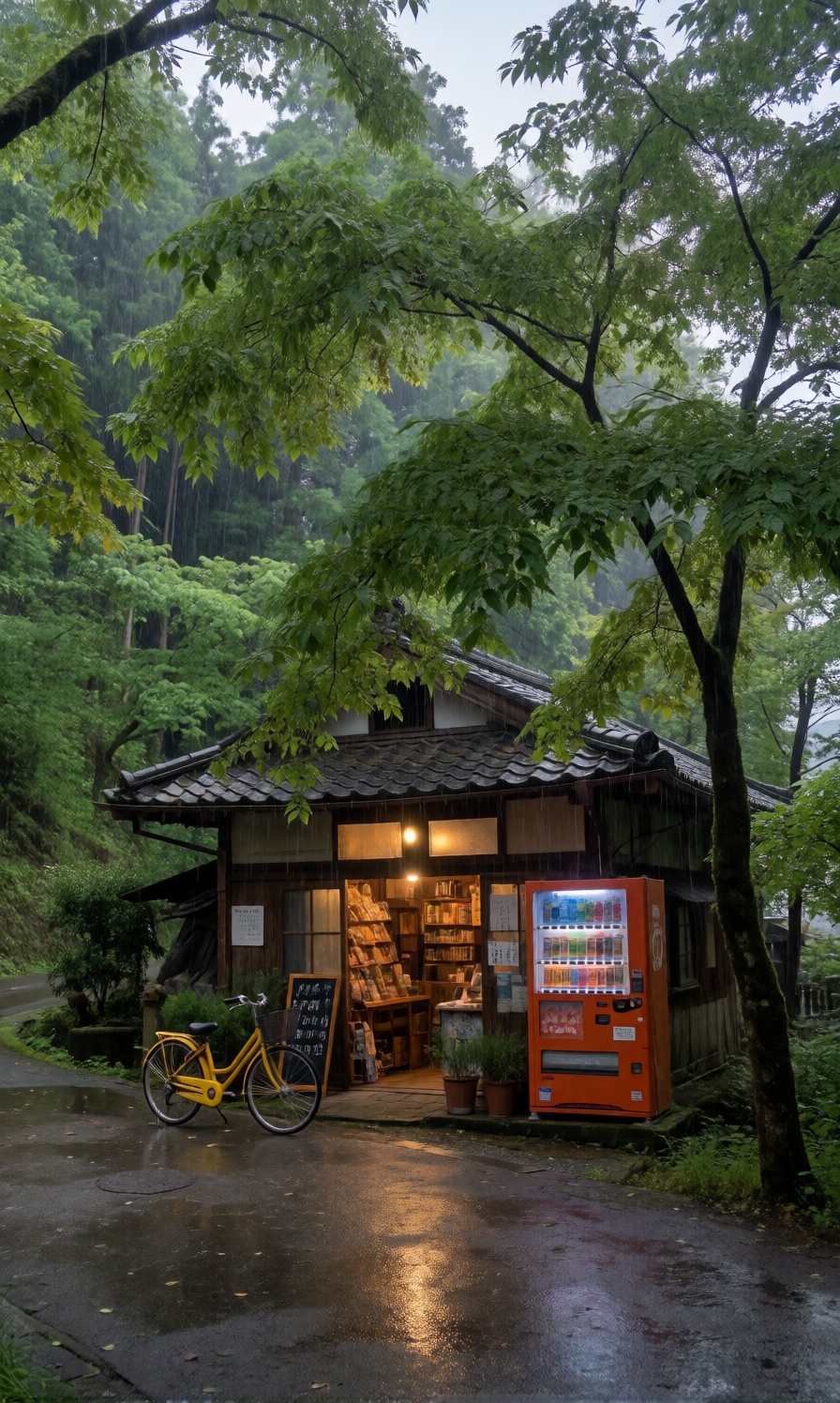 Real-life photograph of a cozy Japanese countryside shop hidden under a canopy of lush green trees during a downpour. Warm...