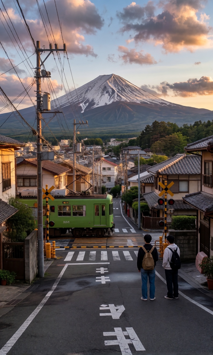 Real-life photograph of a Japanese neighborhood street winding up towards a massive view of Mount Fuji at sunset. A green...