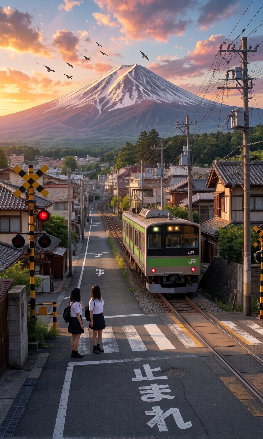 a Japanese town street at sunset. In the foreground,  two high school students in uniforms stand at a railroad crossing wa...