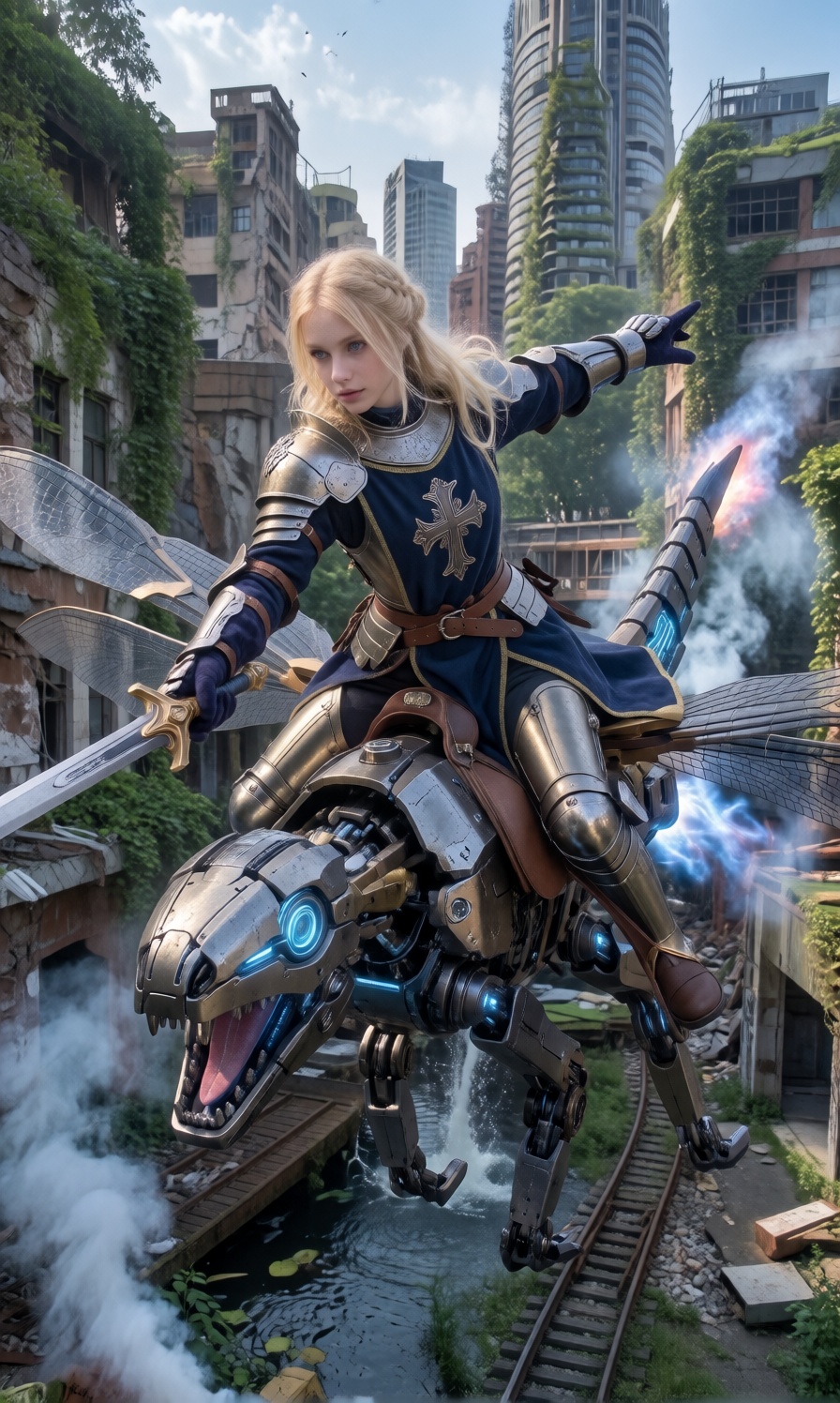 A beautiful female knight with blonde hair styled in a low braided crown and piercing azure eyes,  wearing polished golden...