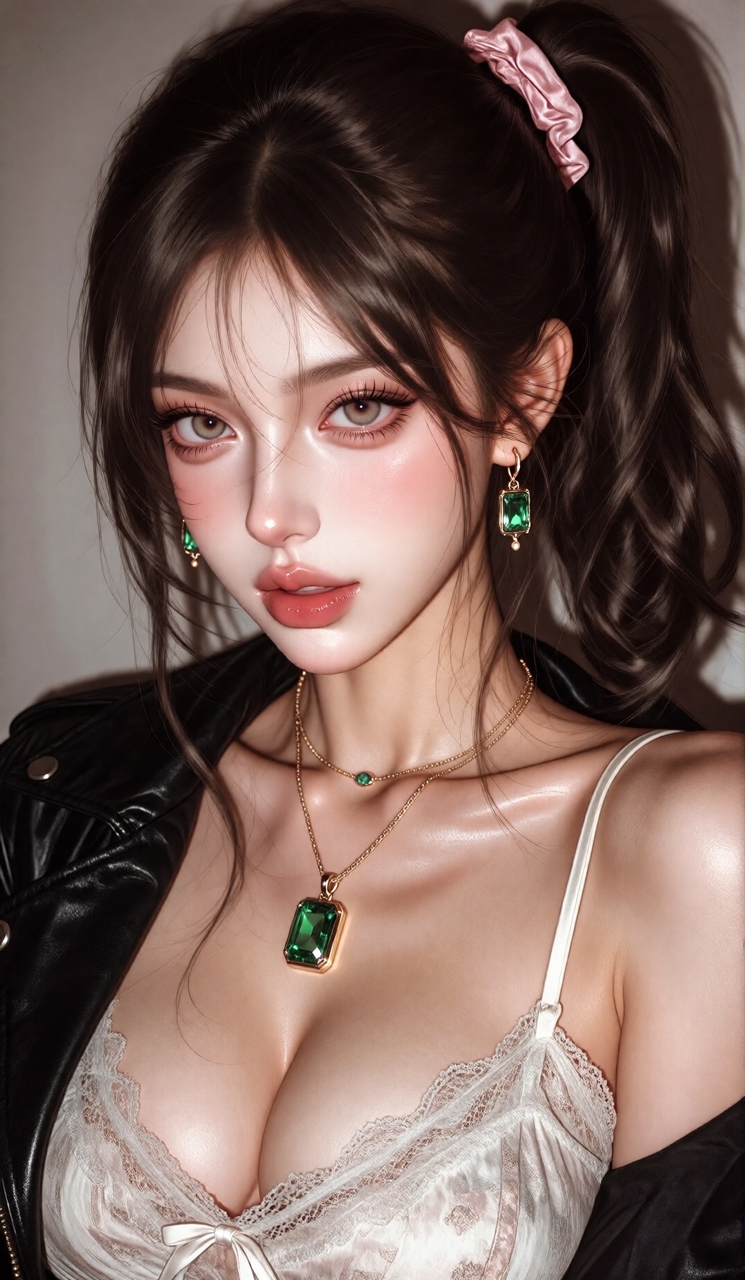 This is an niji-anime-style image,  The image features a close-up portrait of a woman with long straight dark brown hair t...