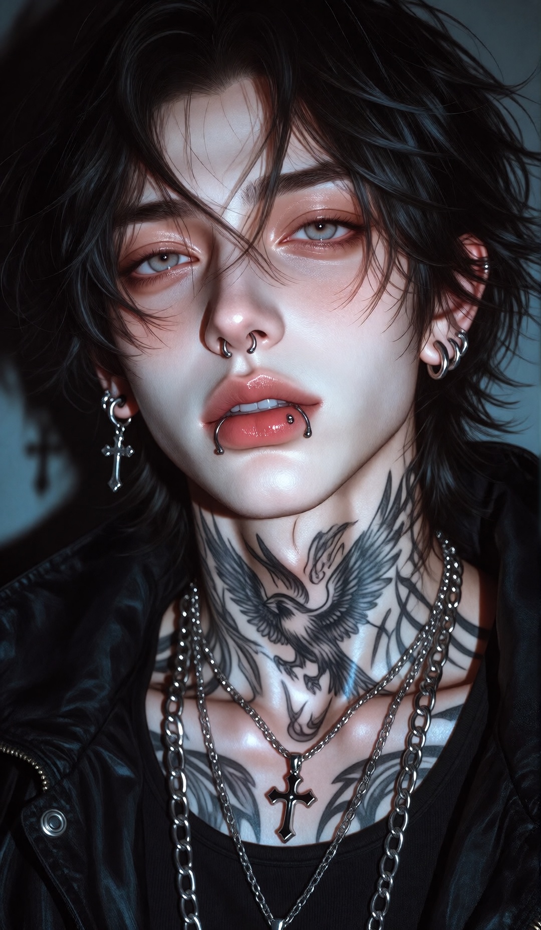This is an niji-anime-style image,  This digital illustration features a close-up portrait of a young man with messy,  dar...
