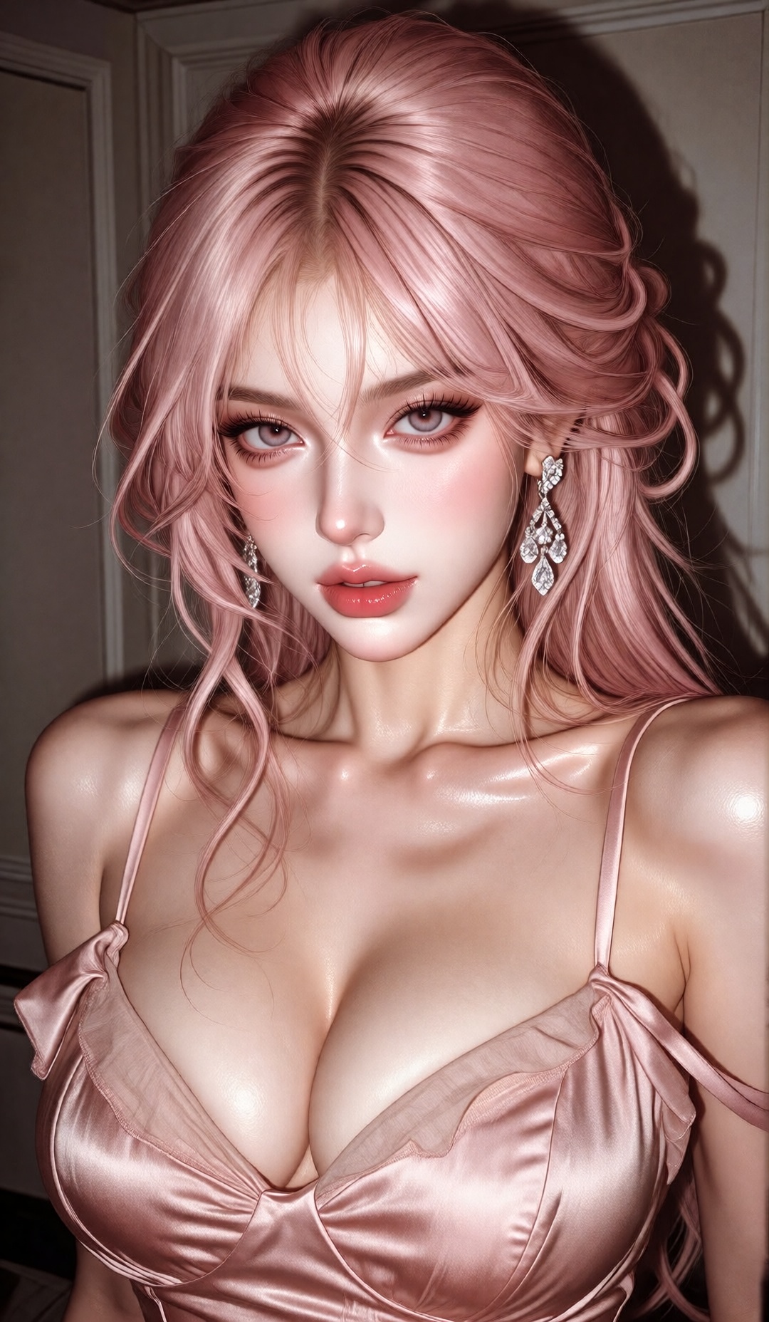 This is an niji-anime-style image,  This image depicts a female character with pink hair styled in soft waves,  wearing el...